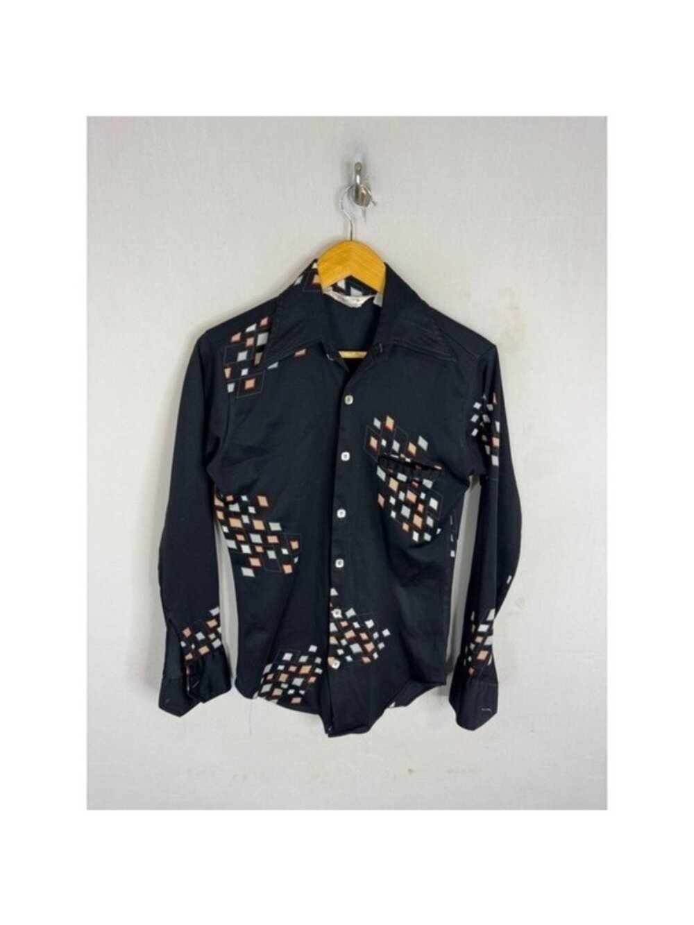 Vintage 70s Charisma Townline Men S Disco Shirt Black Geometric Print 14.5
